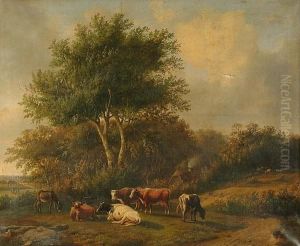 Cattle Grazing In A Wooded Landscape by Louis Pierre Verwee
