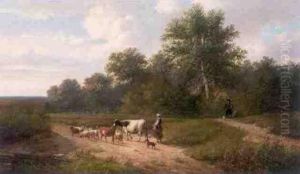Cattle And Drover On A Country Road by Louis Pierre Verwee