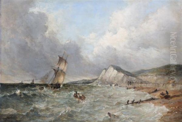 Coastal Scene At Dover With Sailing Ship And Fishing Boats - view 1