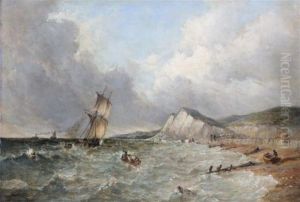 Coastal Scene At Dover With Sailing Ship And Fishing Boats by Alfred Vickers