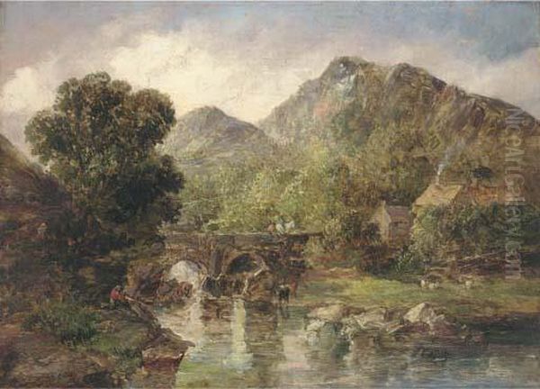 Figures Crossing A Bridge In A Rocky River Landscape - view 1