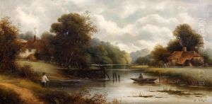 River Landscape With Cottages And Figures