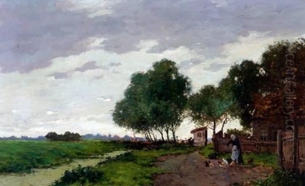 Polderlandschap Met Kippenvoerende Boerin - view 1