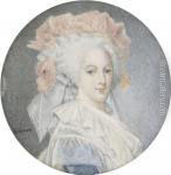 A Lady Believed To Be Queen 
Marie Antoinette In Blue Dress With Large White Sprigged Collar, Wearing
 An Elaborate Pale Orange Headress With Pearls In Her Powdered High 
Piled Hair - view 1
