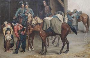 Berittene Russische Offiziere Wahrend Eines Halts by Bogdan Pavlovich Villevalde