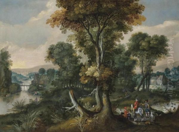 A Wooded River Landscape With Huntsmen At Rest, Villagers Beyond - view 1
