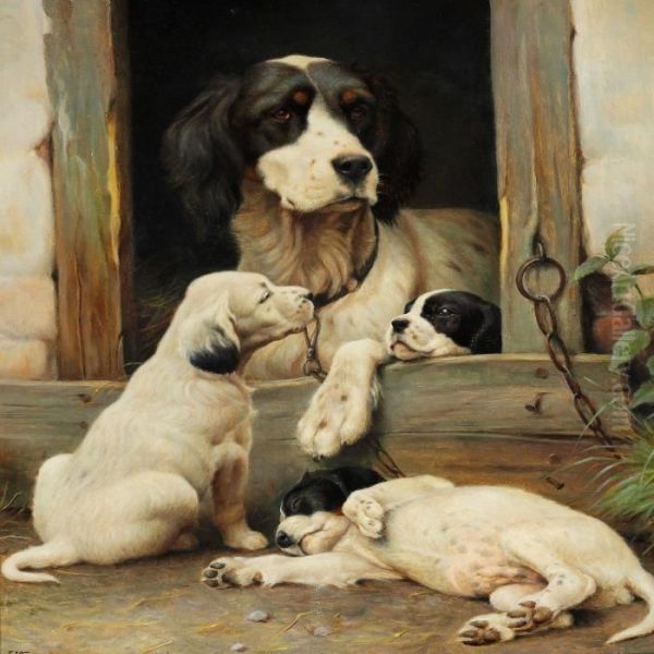 Setter With Three Puppies - view 1