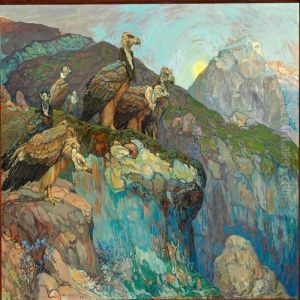 Mountainous Landscape At Sunset With Vultures Looking For A Prey