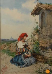 Girl In Landscape Praying At A Shrine