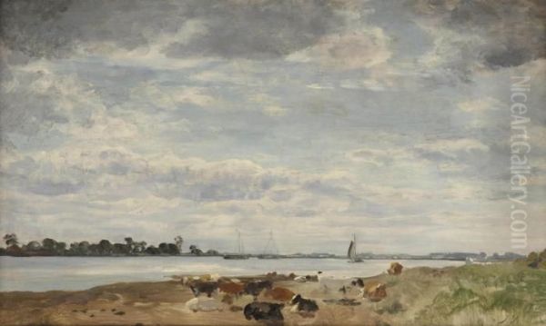 Het Kleine Veer; Cows Resting On The Shore Of The River Ijssel - view 1