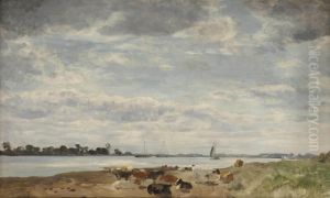 Het Kleine Veer; Cows Resting On The Shore Of The River Ijssel by Floris Verster