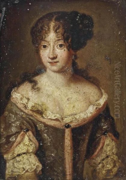 Portrait Of A Lady, Half-length,
In A Blue Silk Dress With Pink Trimming And A White Lace Chemise, Pearl
Ornaments In Her Hair - view 1