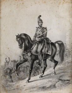 Bayerischer Kurassier Zu Pferd Vor Einer Nach Unten Reitenden Kavallerie by Ludwig Gustav Voltz