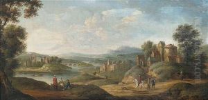 Weitlaufige Flusslandschaft Mit Bauern Und Reisenden