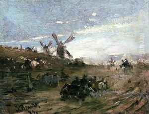 Pejzaz Z Obozem Wojskowym I Wiatrakami O Swicie - Szkic by Jozef Von Brandt