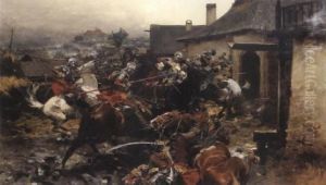 A Cavalry Skirmish On The Outskirts Of A Town by Jozef Von Brandt