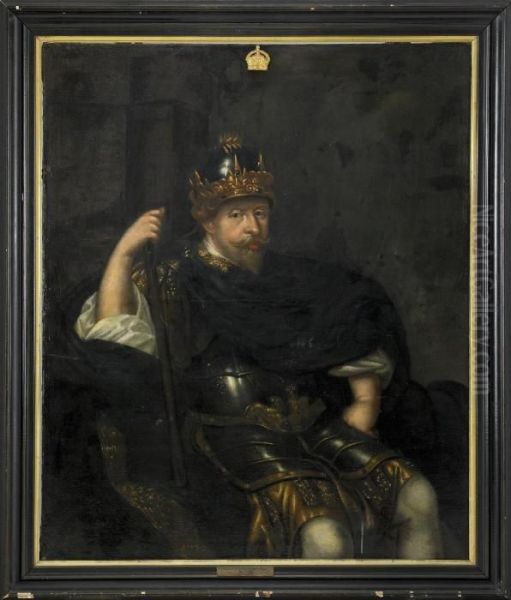 Portratt Av Kung Gustav Ii Adolf
Som Triumfator Kladd I Rustning Med Forgylld Dekor Av Rikslejonen Och
Vasakarven Samt Kronprydd Hjalm - view 1