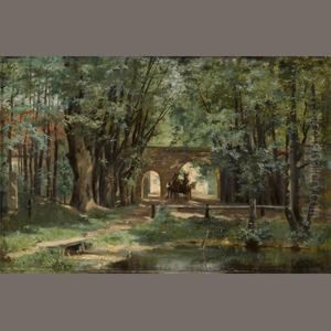 A Wooded Landscape With A Wagon And Driver Near A Gate