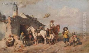 Cavaliers And Horses At A Smithy