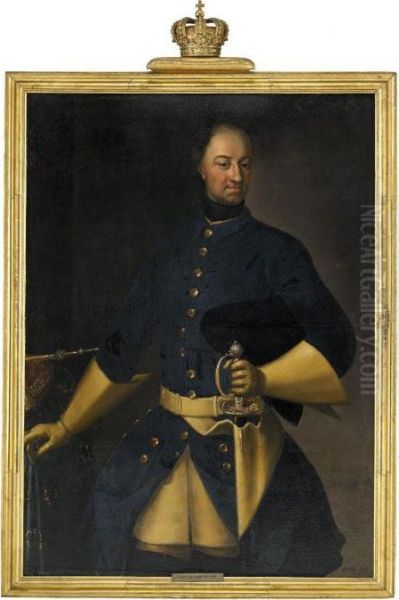 Portratt Av Karl Xii Ikladd Bla
 Uniformsrock Med Varja Och Trikorn Stodd Mot Bord Med Regalier - 
Staende Knastycke Av Lundatypen - view 1