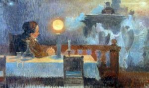 The Dreamer, Lady Seated At A Table Looking Across A Balcony by Tihamer Von Margitay