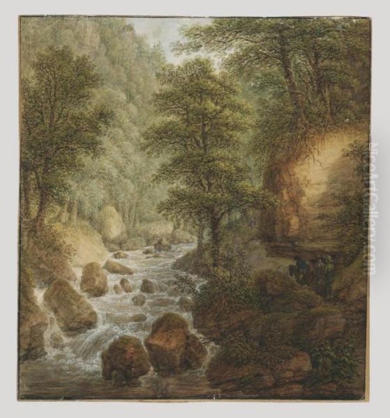 A Wooded River Landscape With Travellers Beside A Waterfall - view 1