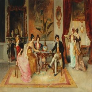 Interior With Conversation Gentleman And Women by Franz Von Persoglia