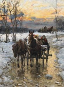 Polish Women On A Carriage Ride In The Winter Twilight by Alfred Wierusz-Kowalski