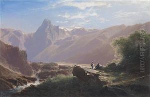 Mountain Scenery With Human And Animal Figures by Leopold Heinrich Voscher