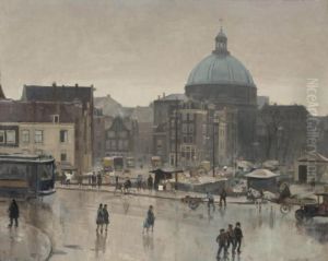 Figures On The Bridge At The Prins Hendrikkade, Amsterdam by Cornelis Vreedenburgh