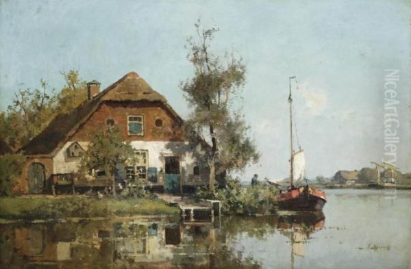 A Moored Sailing Vessel Near A Farmhouse - view 1