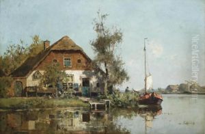 A Moored Sailing Vessel Near A Farmhouse
