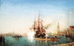 Ship firing Salute in the Bacino di Venezia by Felix Ziem