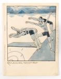 A Group Of Boys In Swimming Costumes Diving Into A Lake by Albert Wainwright