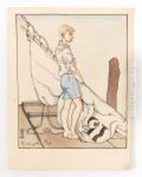 A Young Boy In White Shirt And Shorts Standing By A Sailing Rig Titled Kralingsche Plas - view 1