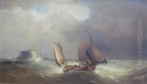 Figures And Fishing Boats In A Swell by John Cheltenham Wake