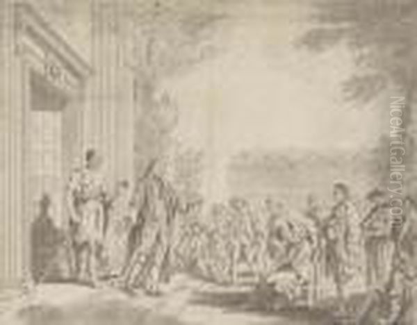 A. The Radcliffe Infirmary: An
Emblematical Representation With Dr John Radcliffe Conducted From The
Temple Of Aesculapius By The Genius Of Physic With Inscription 'wale'
And With Inscription 'guy's Hospital' Pen And Grey Ink And Grey Wash - view 1