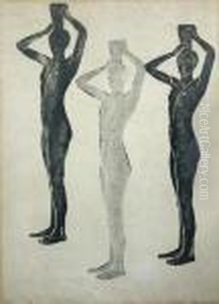 Three Standing Figures Carrying Water Jugs - view 1