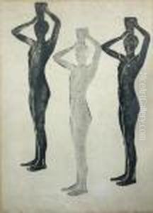 Three Standing Figures Carrying Water Jugs
