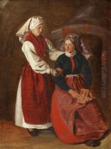 Interior Med Tva Bondflickor Fran Wresta By I Vingaker by Josef Wilhelm Wallander