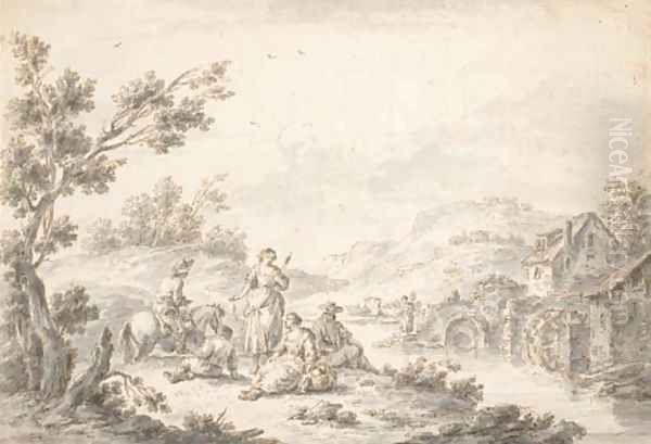 Hommes et femme se reposant au bord d'une riviere, un moulin à l'arriere-plan - view 1