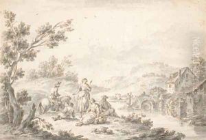 Hommes et femme se reposant au bord d'une riviere, un moulin à l'arriere-plan by Giuseppe Zais
