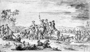 Cavaliers and soldiers in an extensive landscape, a castle in the background by Giuseppe Zais