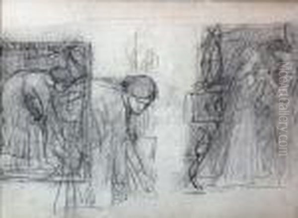 Two Women Leaning Down To Pick Flowers - view 1