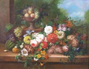 Still Life Of Flowers On A Ledge With Fruit In An Urn by Thomas Webster