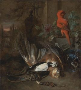 A Hunting Still Life With An 
Eagle And A Woodpecker Together With Hunting Paraphernalia And A Red 
Parrot, In A Landscape by Jan Weenix
