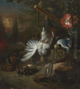 A Hunting Still Life With 
Partridges, A Duck And Other Birds With A Gun And An Opium Poppy, In A 
Landscape