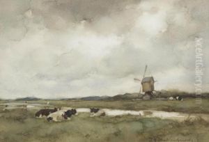 Cows In A Dutch Landscape, A Wind Mill Beyond by Jan Hendrik Weissenbruch