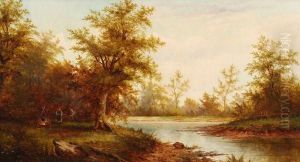 Wooded River Landscape With Figures By A Camp Fire
