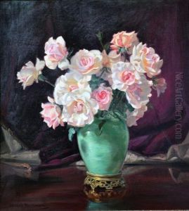  pink Roses In A Green Vase 